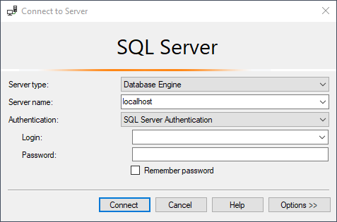 Fenêtre de connexion à une instance SQL Server.